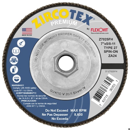 Flexovit Zircotex Premium Spin-On Coated Abrasive Flap Disc, 7 in Dia, ZA24 Grit, Extra Coarse Grade, Zirconi Z7025FH